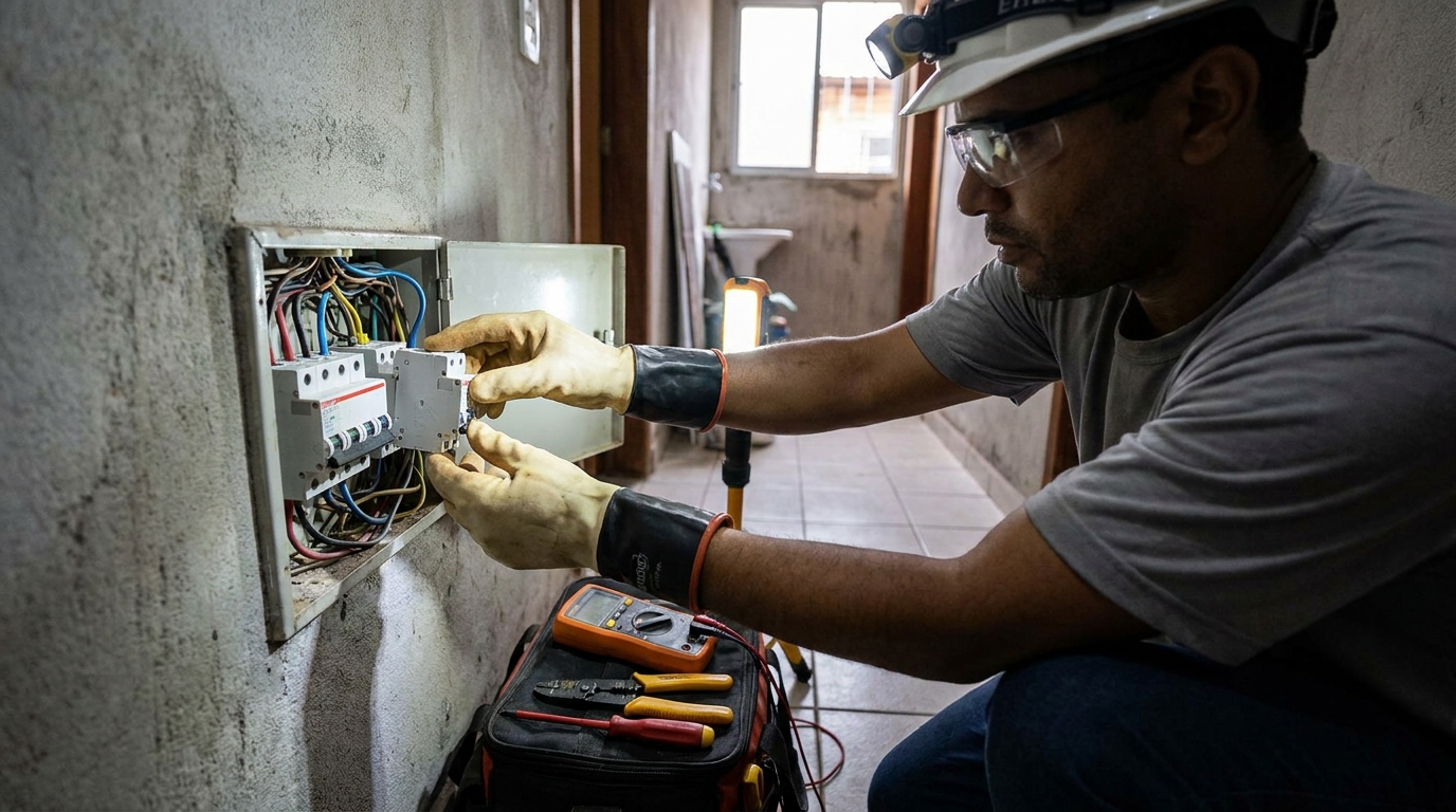 Eletricista comercial instalando disjuntor em Porto Alegre‑RS